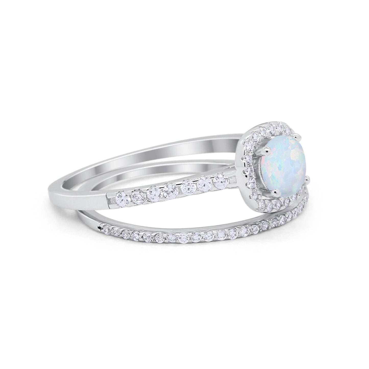 Two Piece Halo Bridal Lab Created White Opal Wedding Ring