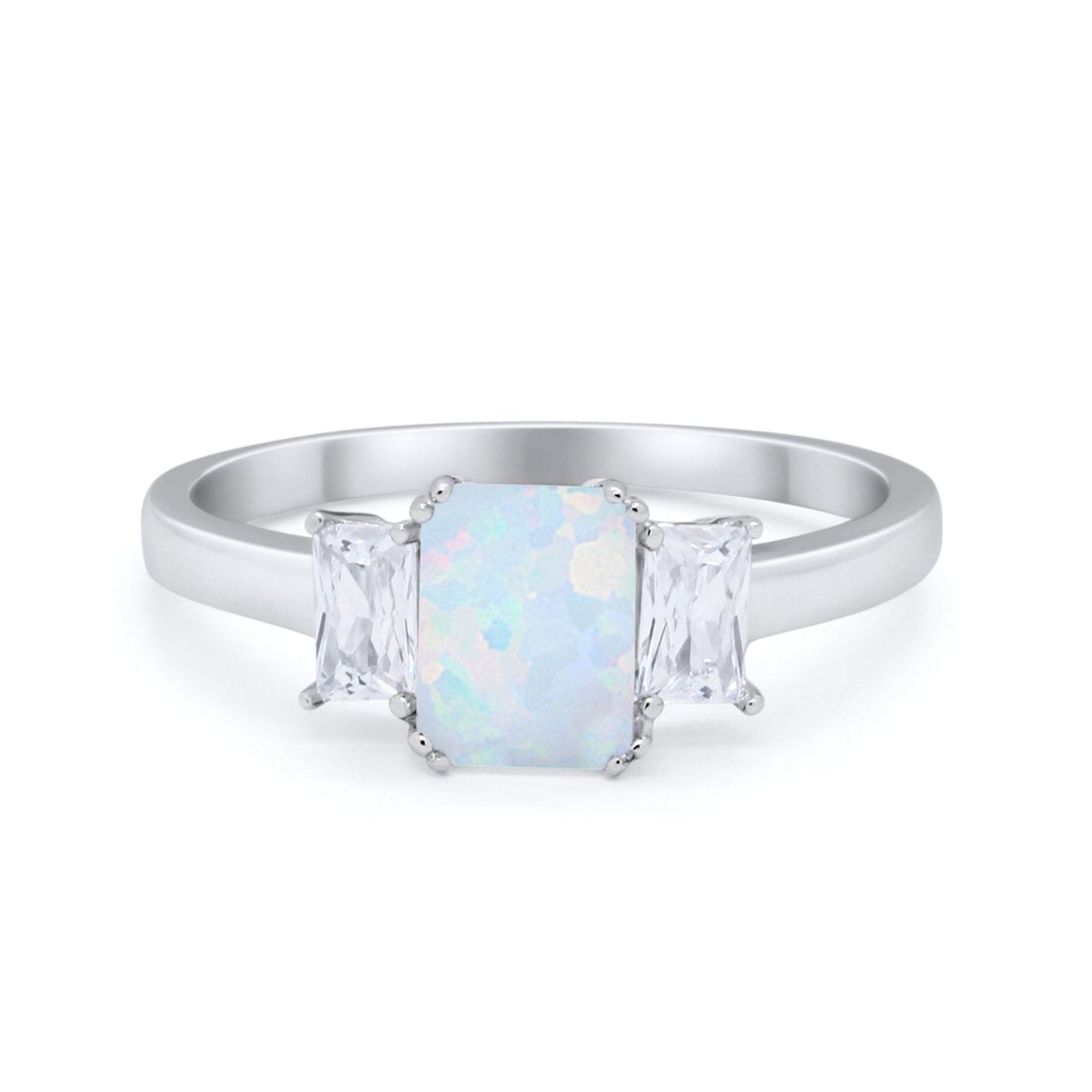 Three Stone Engagement Ring Lab Created White Opal