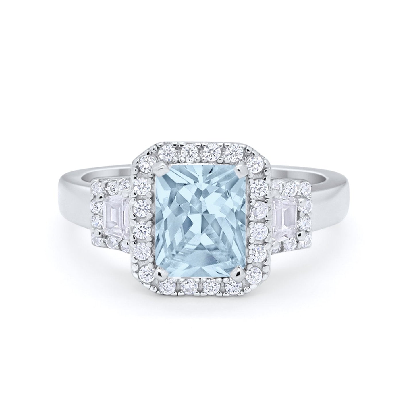 Three Stone Baguette Simulated Aquamarine CZ  Wedding Ring