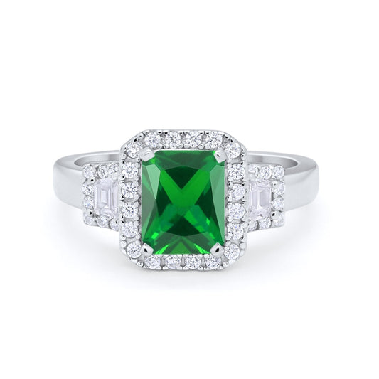 Three Stone Baguette Simulated Green Emerald CZ Wedding Ring