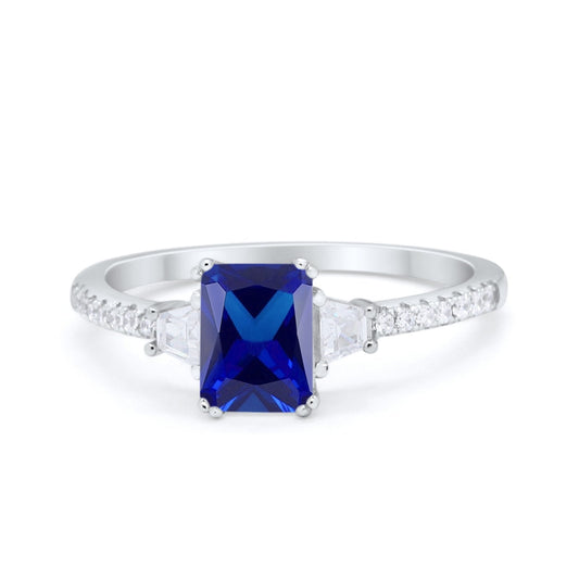 Emerald Cut Three Stone Wedding Ring Simulated Blue Sapphire CZ