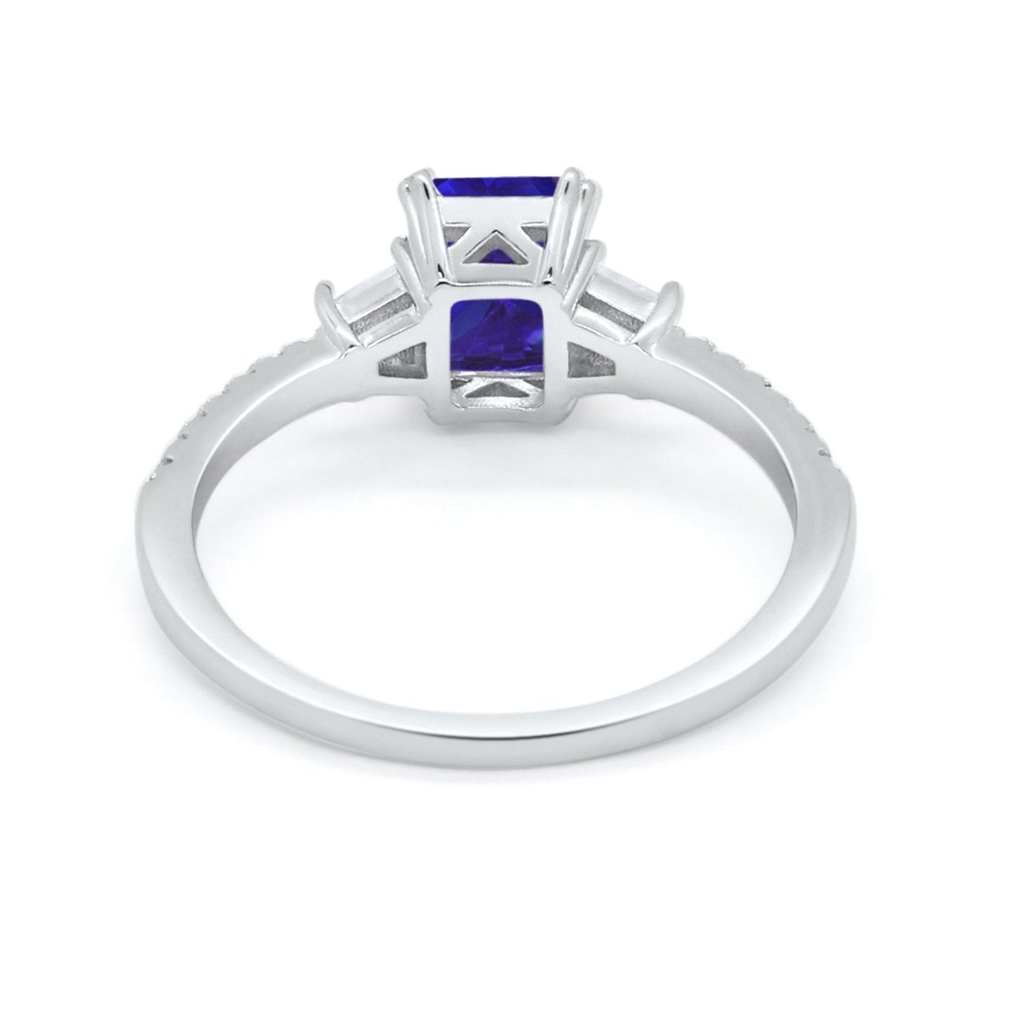 Emerald Cut Three Stone Wedding Ring Simulated Blue Sapphire CZ