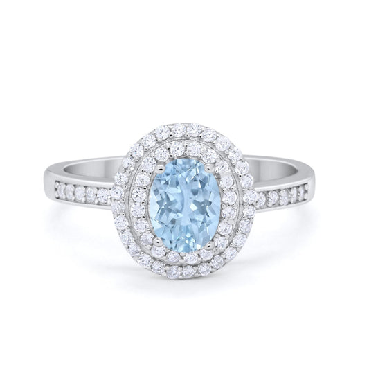 Art Deco Halo Wedding Ring Simulated Aquamarine CZ