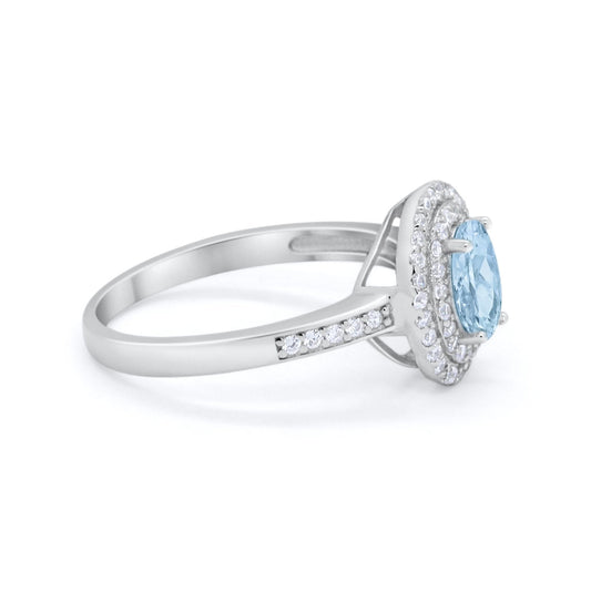 Art Deco Halo Wedding Ring Simulated Aquamarine CZ