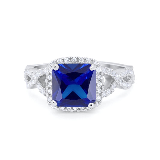 Cushion Cut Round Halo Blue Sapphire CZ Bridal Ring