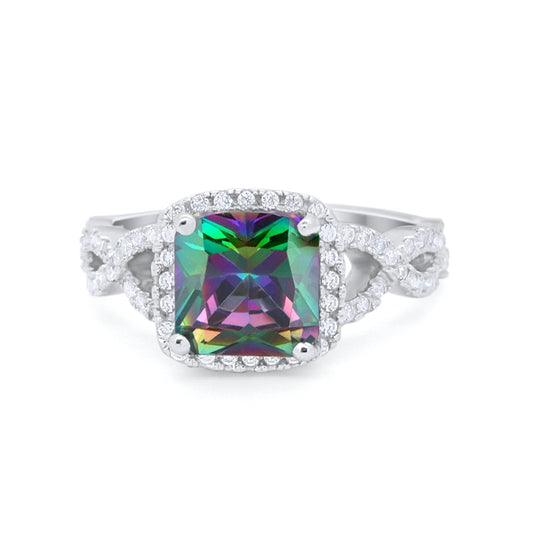 Cushion Cut Round Halo Simulated Rainbow CZ Bridal Ring