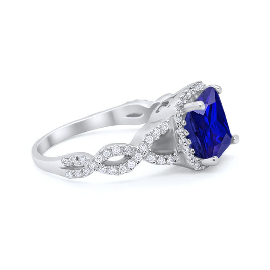 Cushion Cut Round Halo Blue Sapphire CZ Bridal Ring