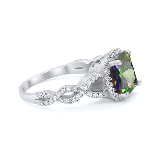 Cushion Cut Round Halo Simulated Rainbow CZ Bridal Ring