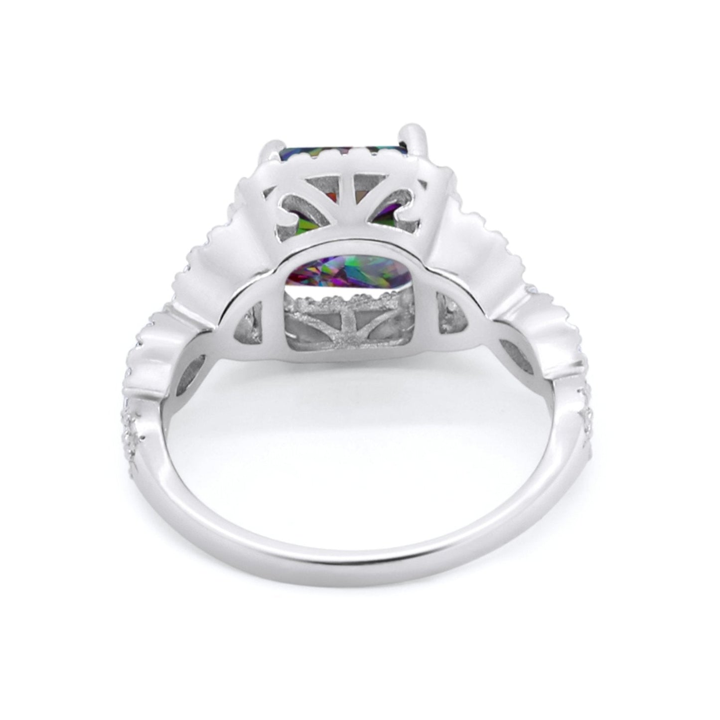 Cushion Cut Round Halo Simulated Rainbow CZ Bridal Ring