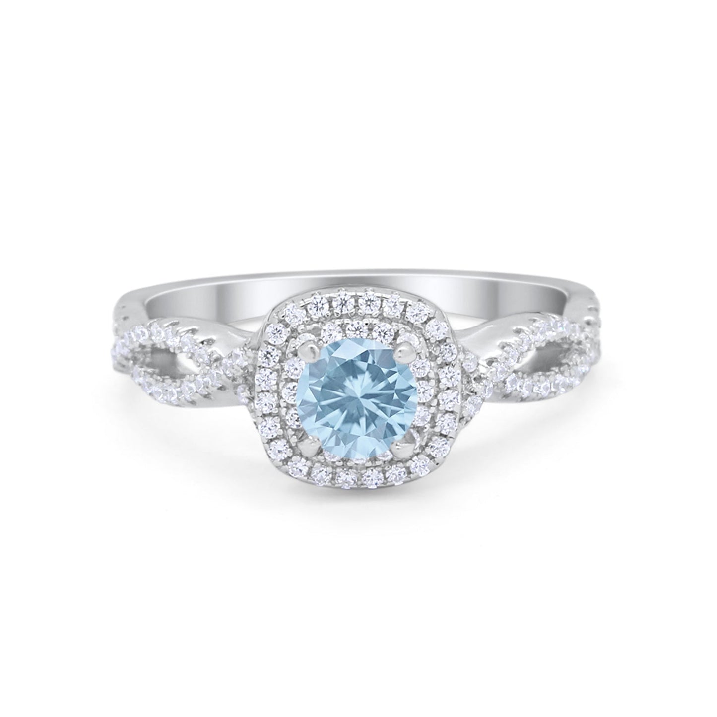 Infinity Twisted Shank Wedding Ring Simulated Aquamarine CZ