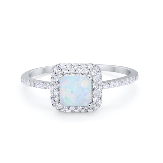 Halo Princess Cut Wedding Ring Round Lab Created White Opal