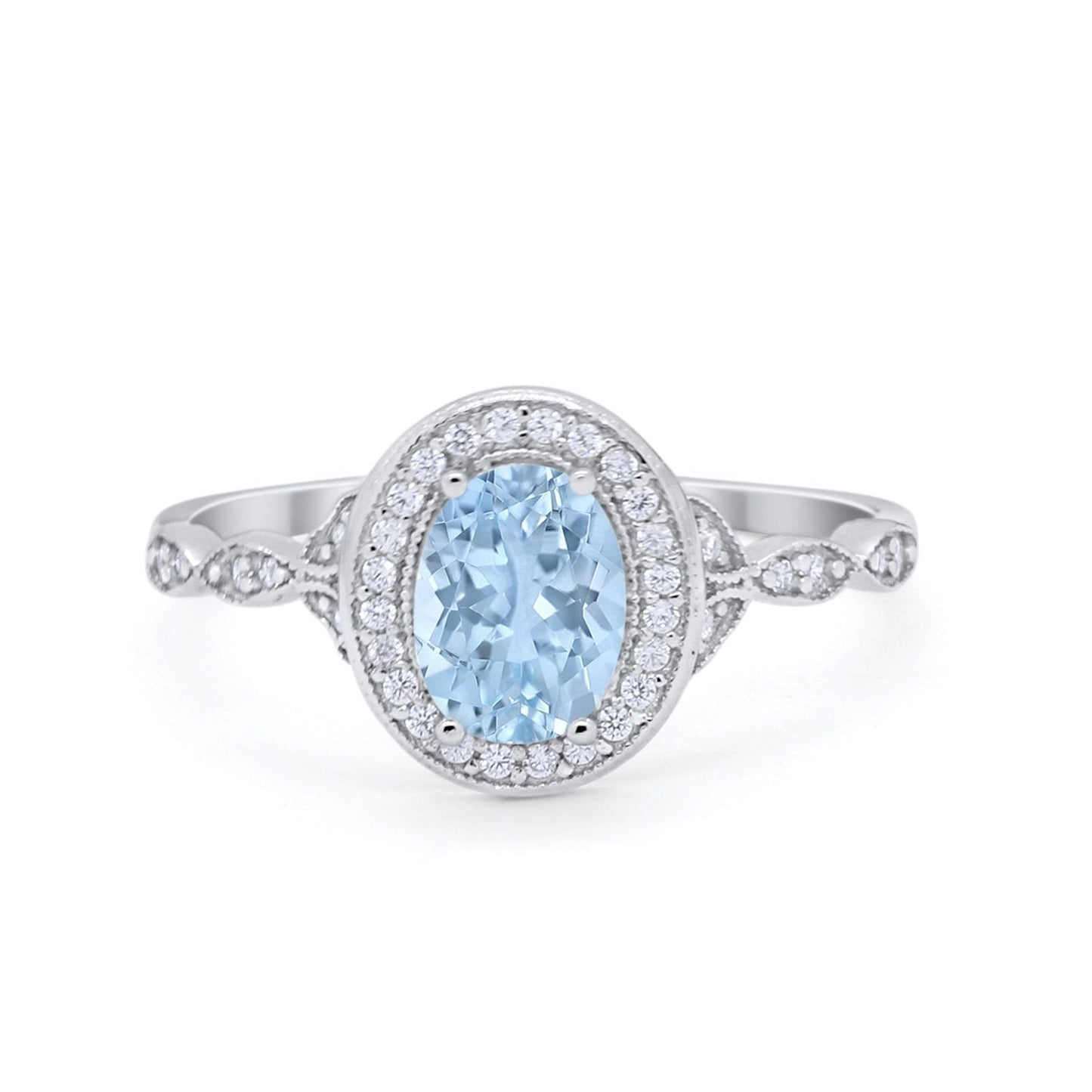 Vintage Style Oval Wedding Ring Simulated Aquamarine CZ