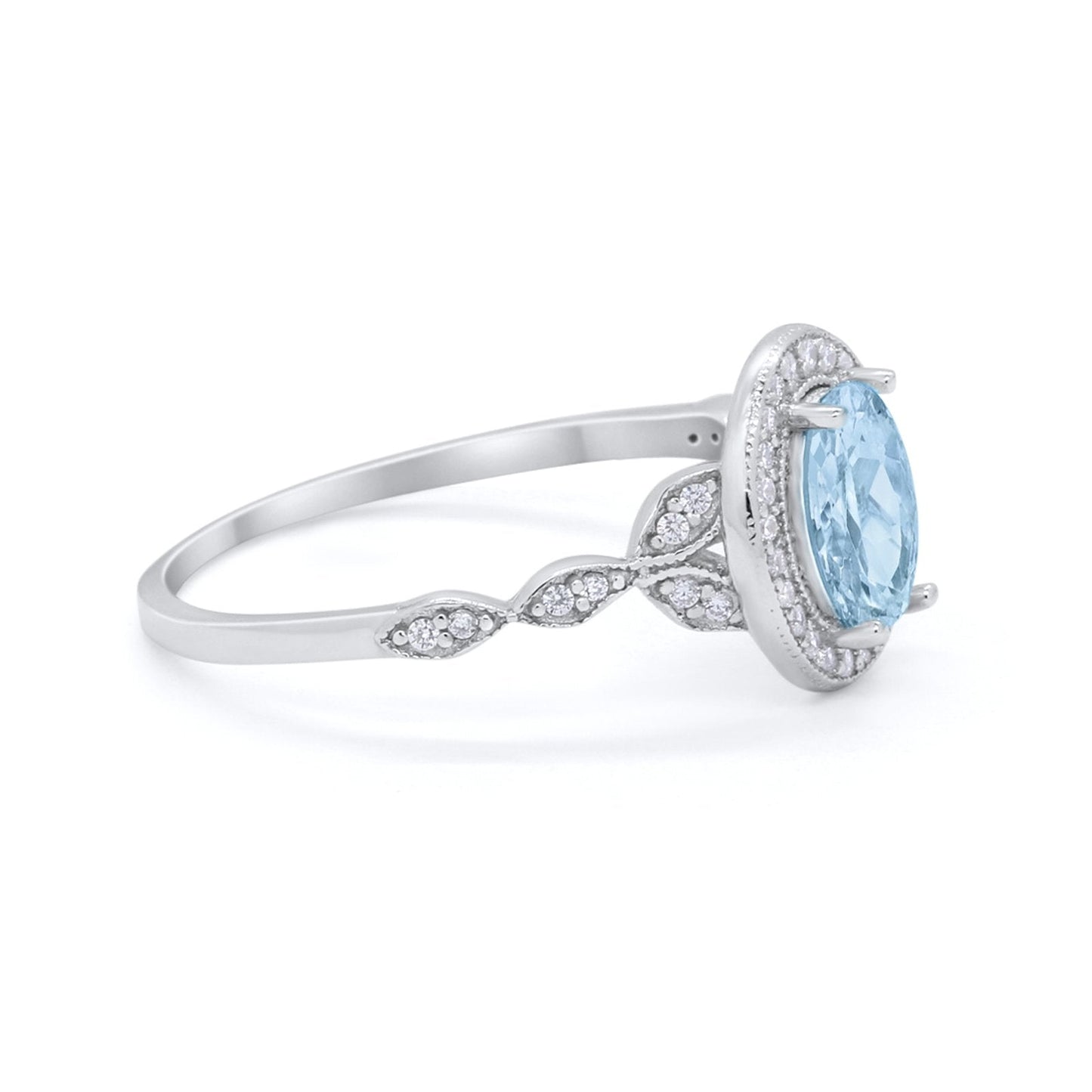 Vintage Style Oval Wedding Ring Simulated Aquamarine CZ