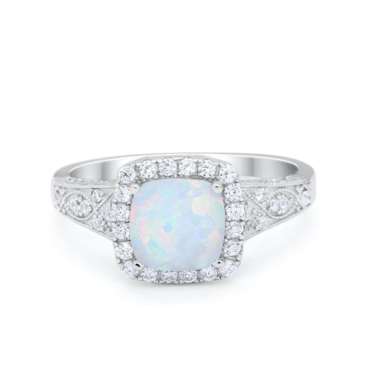 Cushion Art Deco Wedding Ring Lab Created White Opal