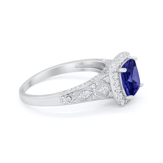 Cushion Art Deco Wedding Ring Simulated Blue Sapphire CZ