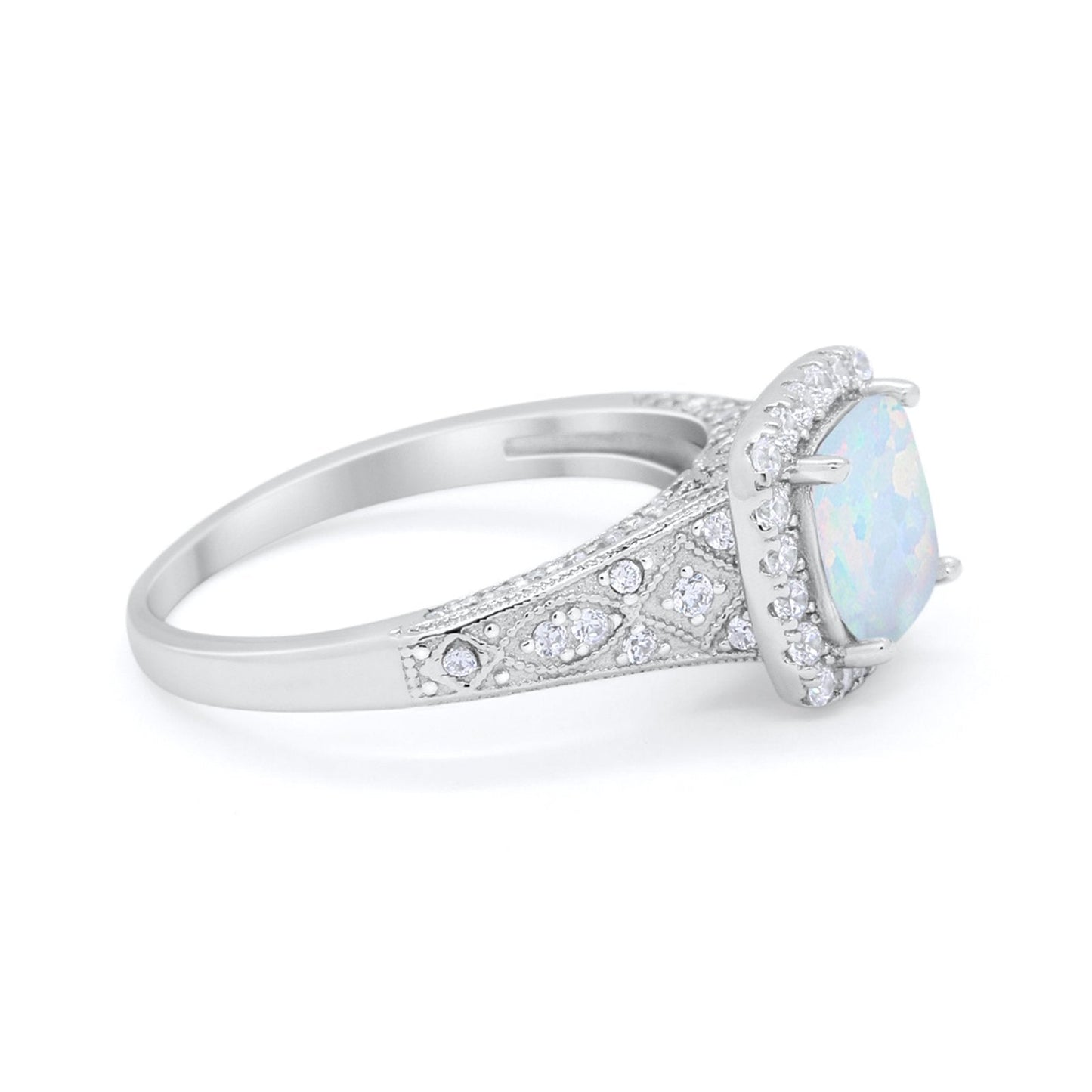 Cushion Art Deco Wedding Ring Lab Created White Opal