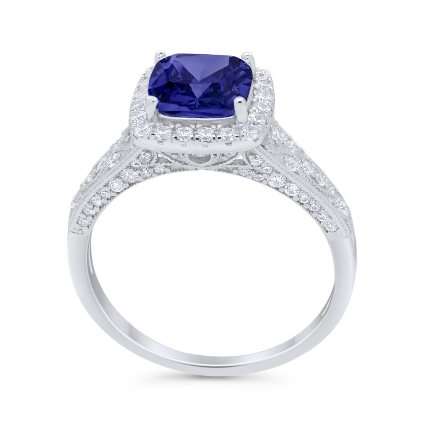 Cushion Art Deco Wedding Ring Simulated Blue Sapphire CZ