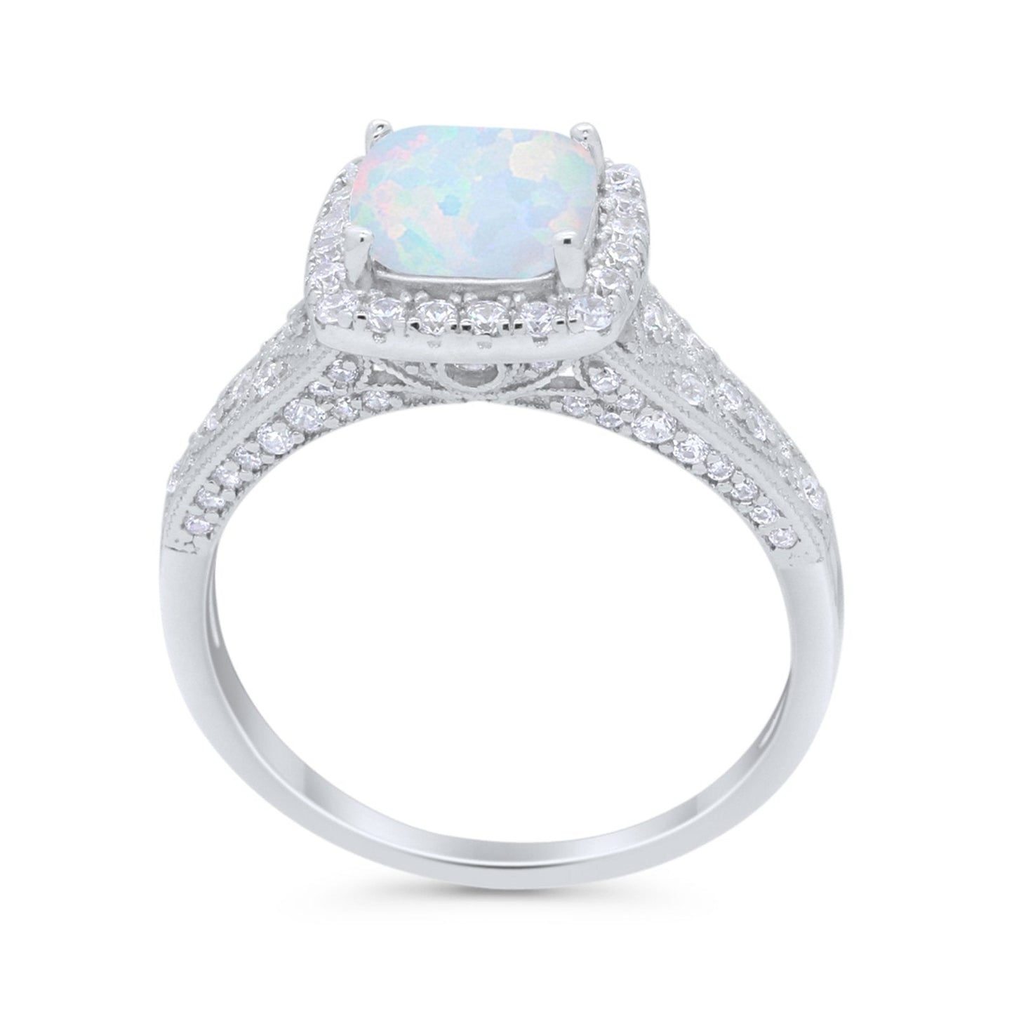 Cushion Art Deco Wedding Ring Lab Created White Opal