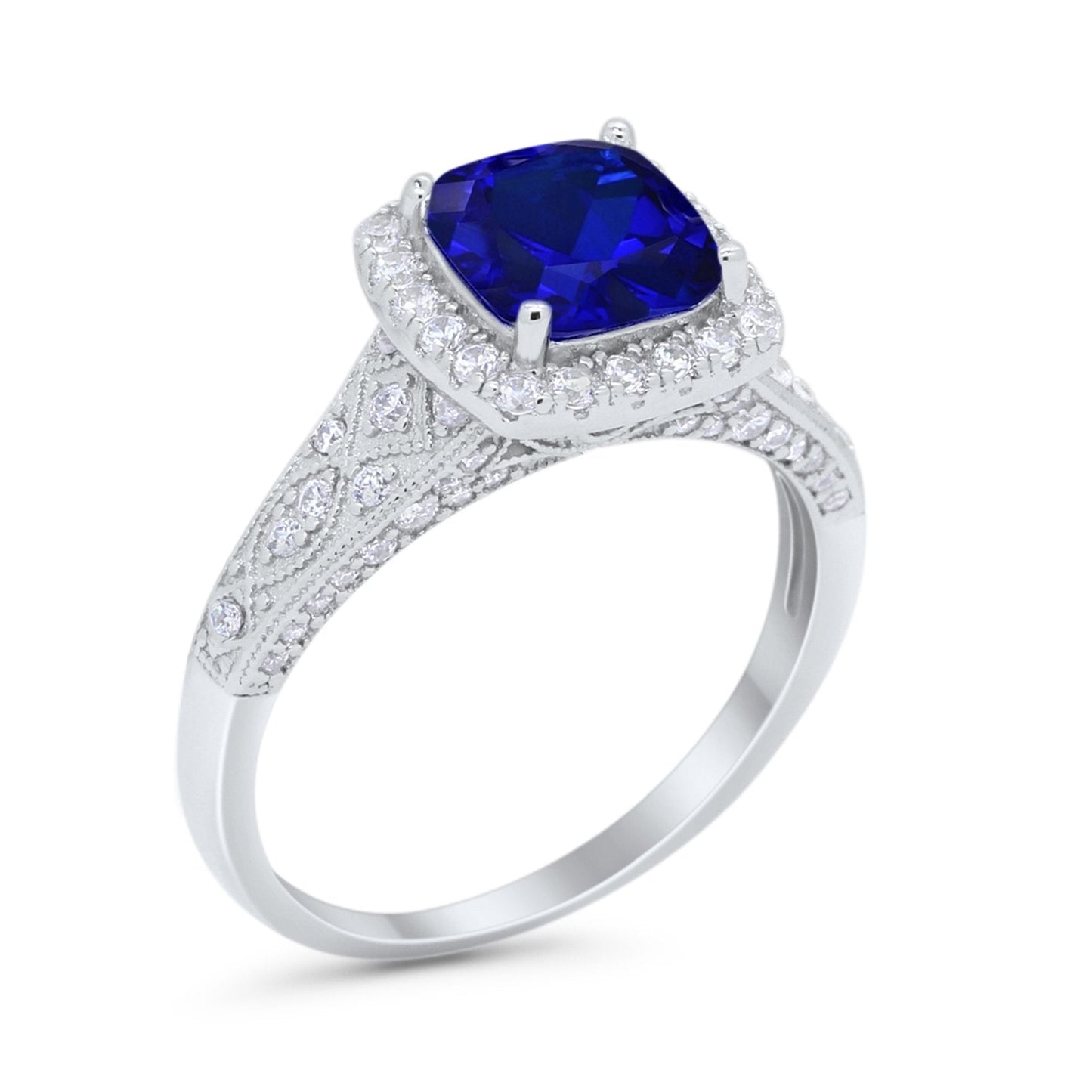 Cushion Art Deco Wedding Ring Simulated Blue Sapphire CZ