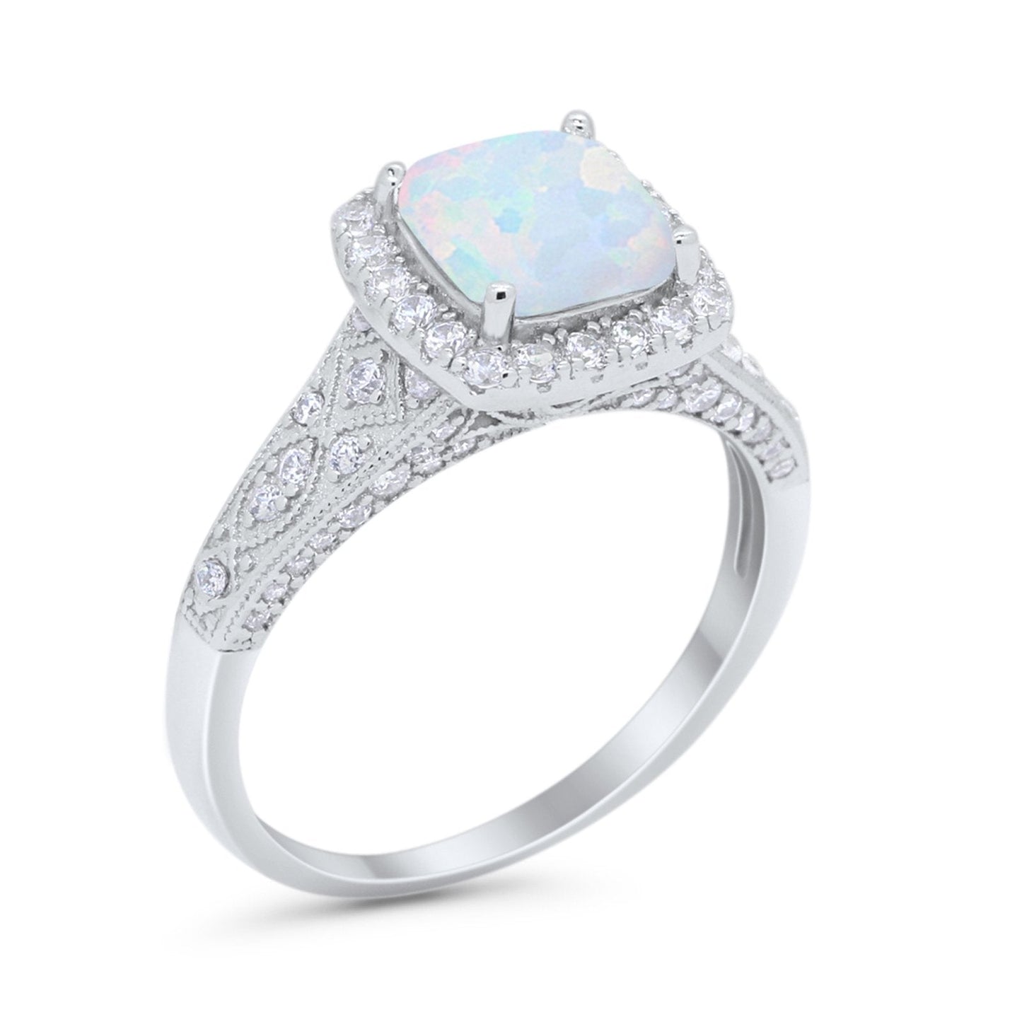 Cushion Art Deco Wedding Ring Lab Created White Opal