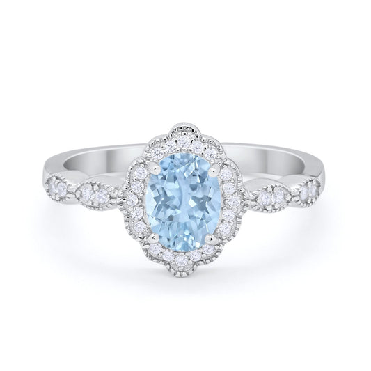 Halo Art Deco Oval Engagement Bridal Ring Simulated Aquamarine CZ