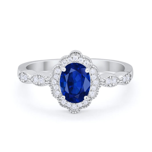 Halo Art Deco Oval Engagement Bridal Ring Simulated Blue Sapphire CZ