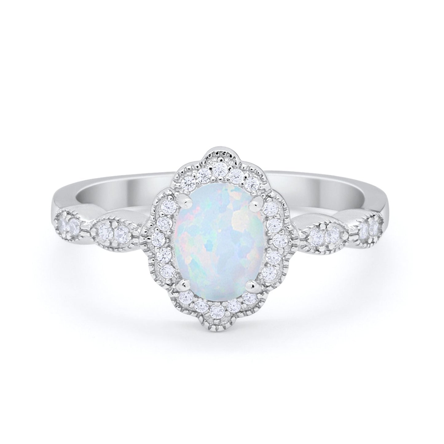 Halo Art Deco Oval Engagement Bridal Ring Lab Created White Opal 925