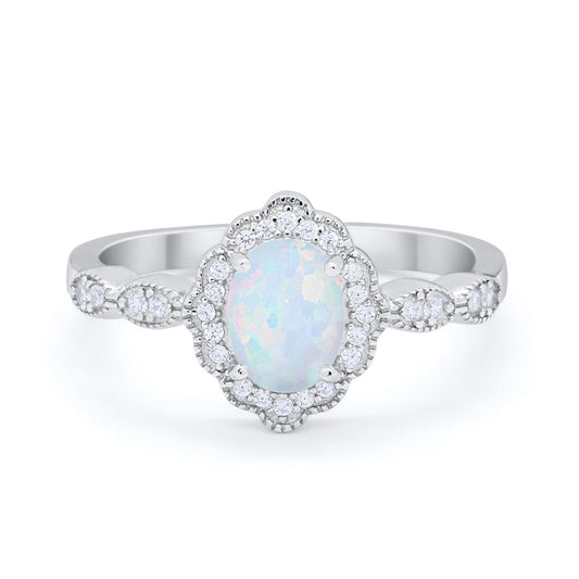 Halo Art Deco Oval Engagement Bridal Ring Lab Created White Opal 925