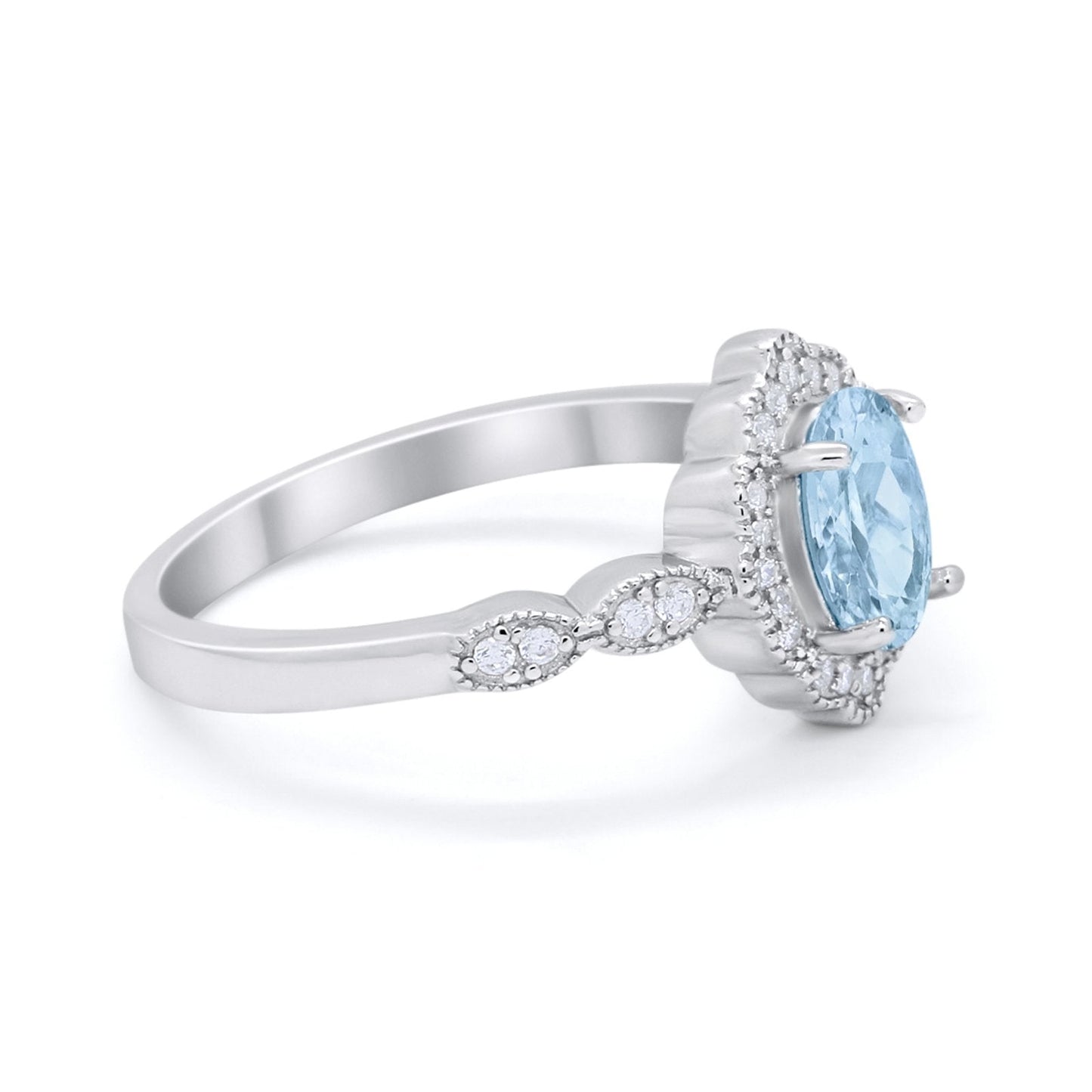 Halo Art Deco Oval Engagement Bridal Ring Simulated Aquamarine CZ