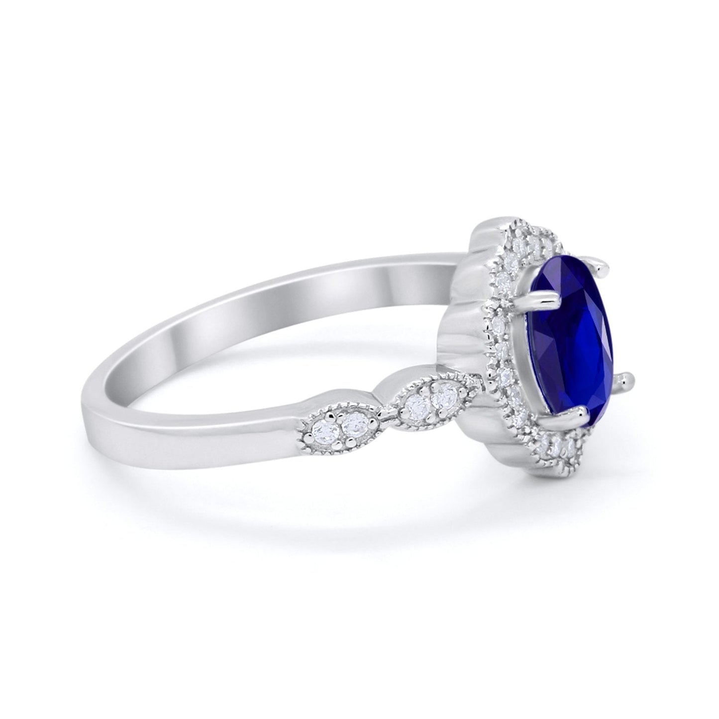 Halo Art Deco Oval Engagement Bridal Ring Simulated Blue Sapphire CZ