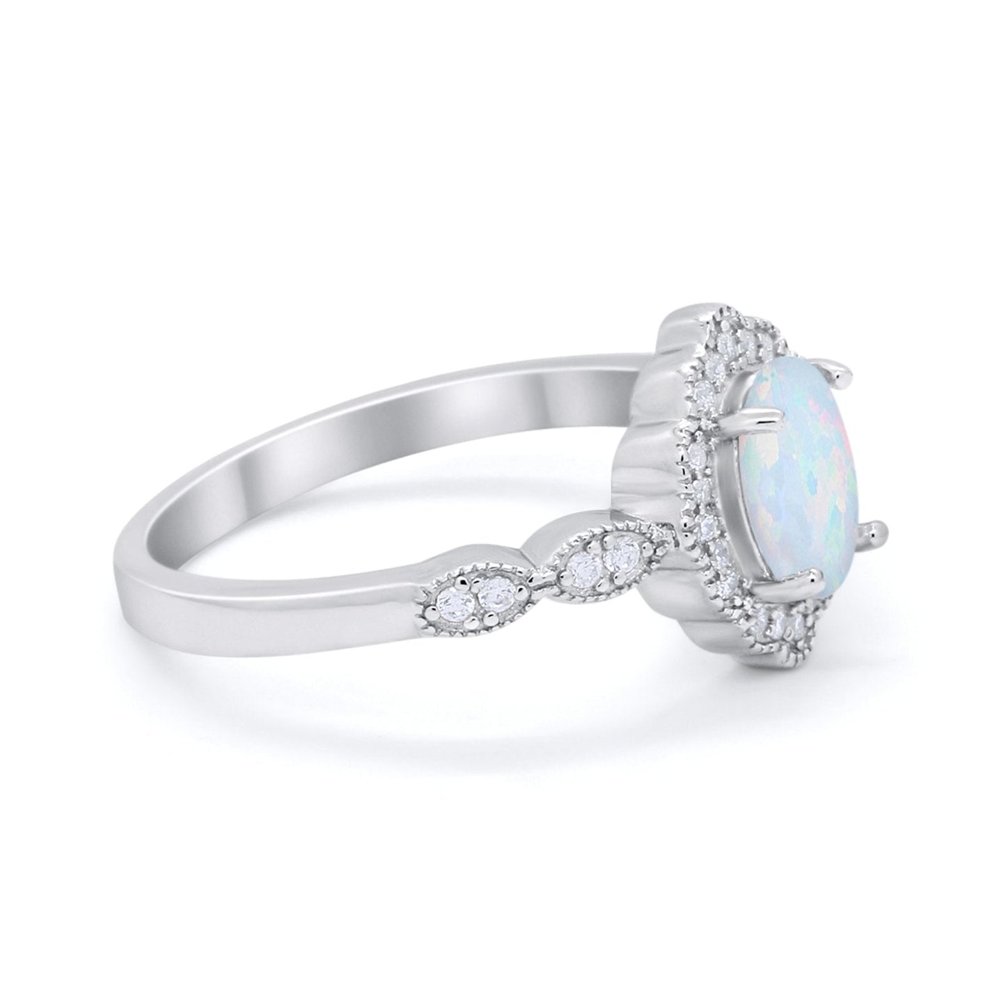 Halo Art Deco Oval Engagement Bridal Ring Lab Created White Opal 925