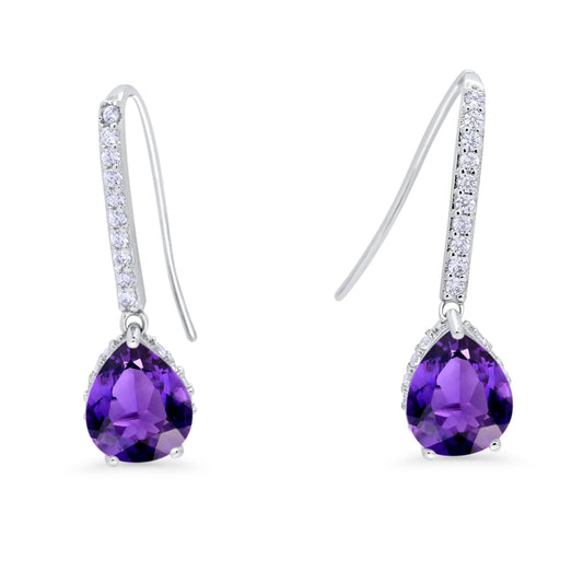 Teardrop Pear Dangling Fish Hook Earrings Simulated Amethyst CZ