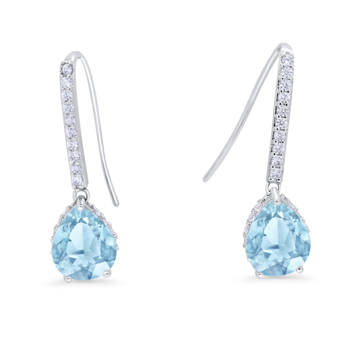 Teardrop Pear Dangling Fish Hook Earrings Simulated Aquamarine CZ