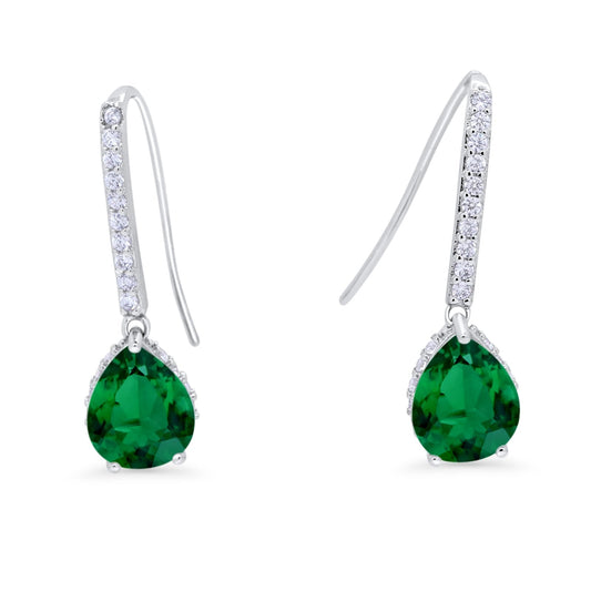 Teardrop Pear Dangling Fish Hook Earrings Simulated Green Emerald CZ