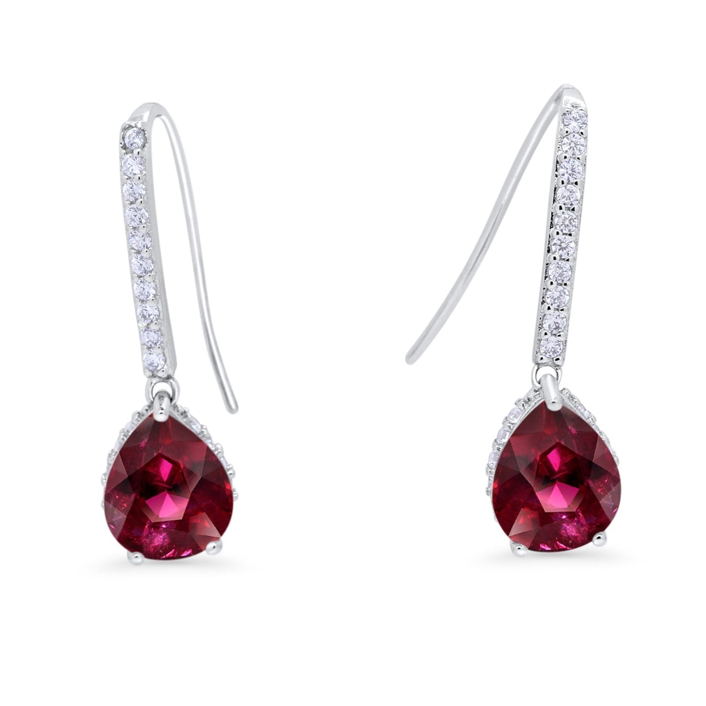 Teardrop Pear Dangling Fish Hook Earrings Simulated Ruby CZ