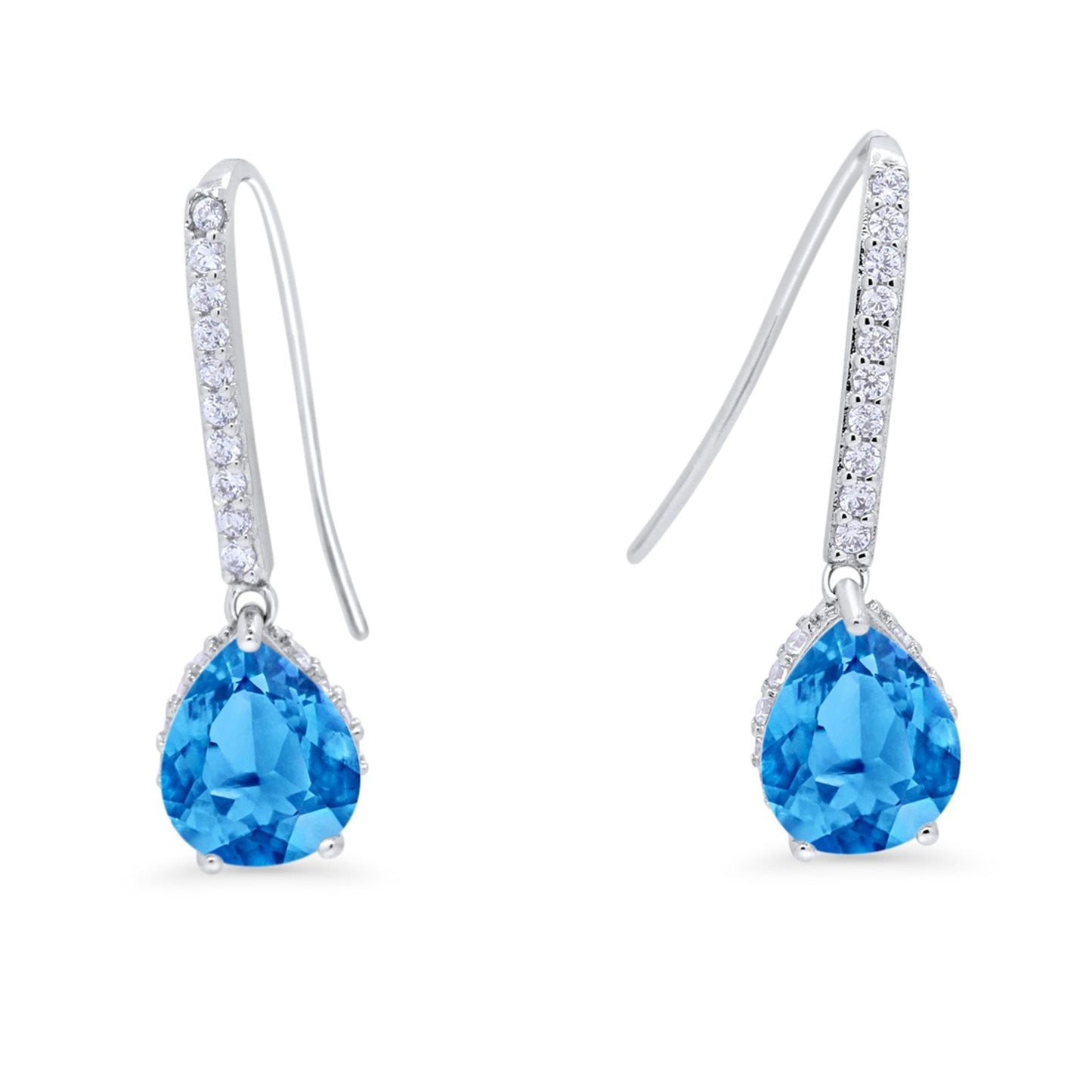 Teardrop Pear Dangling Fish Hook Earrings Simulated Blue Topaz CZ