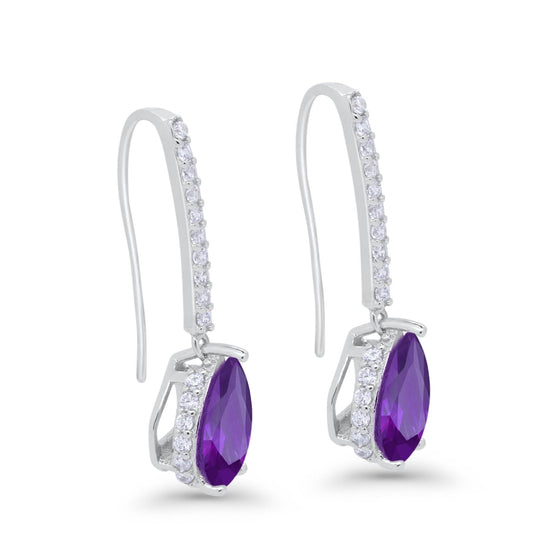 Teardrop Pear Dangling Fish Hook Earrings Simulated Amethyst CZ