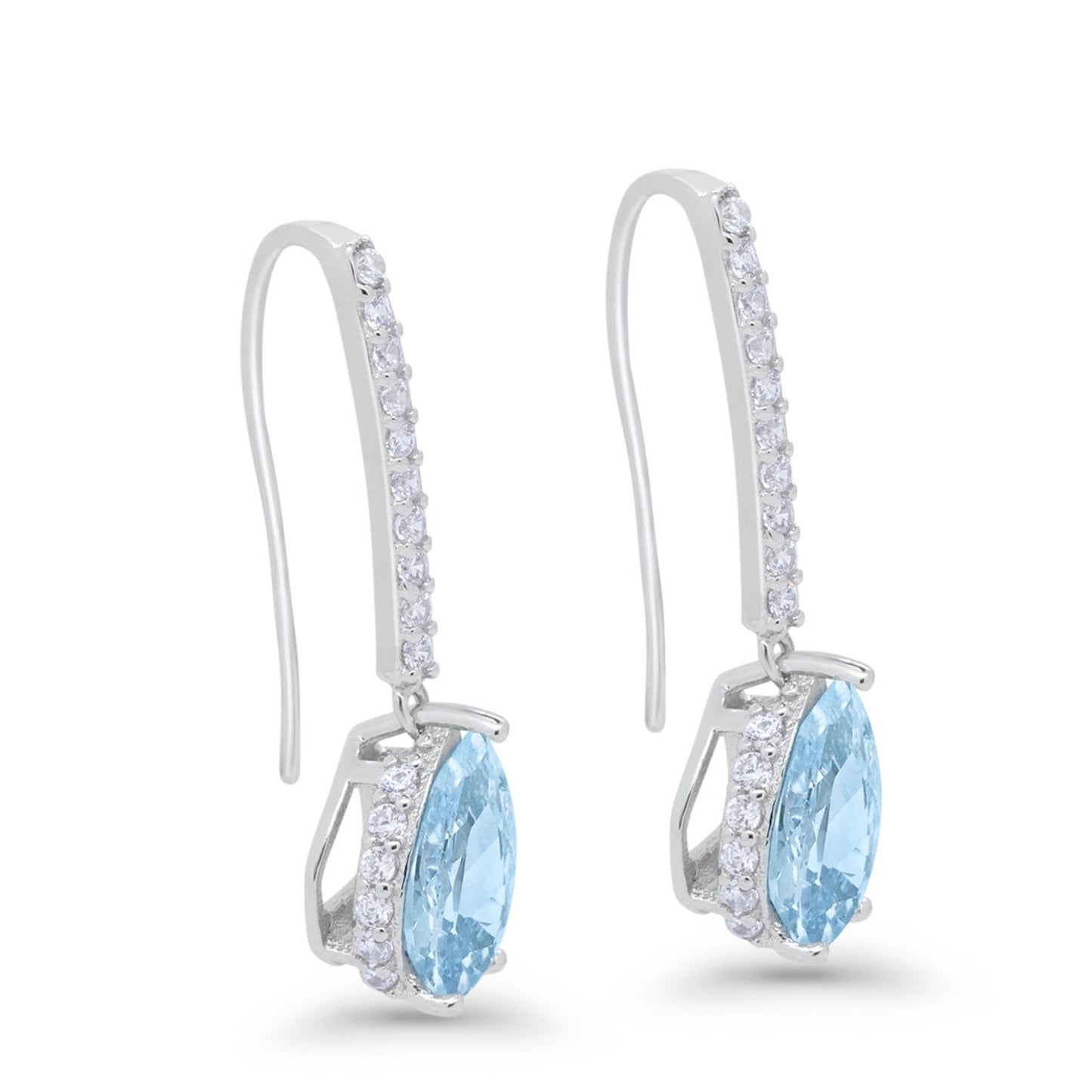 Teardrop Pear Dangling Fish Hook Earrings Simulated Aquamarine CZ