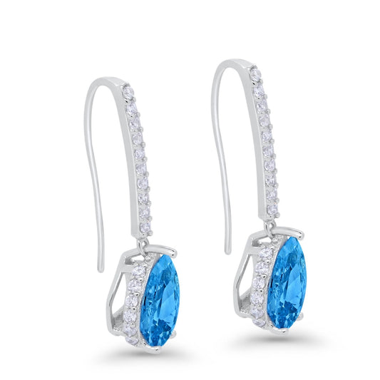 Teardrop Pear Dangling Fish Hook Earrings Simulated Blue Topaz CZ