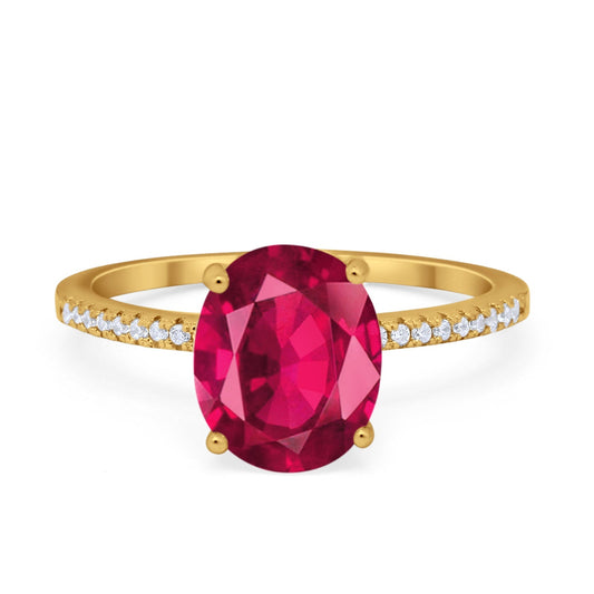 Oval Art Deco Yellow Tone, Simulated Ruby CZ Wedding Engagement Ring