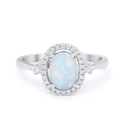 Art Deco Engagement Ring Halo Oval Lab Created White Opal