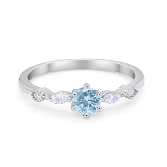 Petite Dainty Wedding Ring Round Simulated Aquamarine CZ