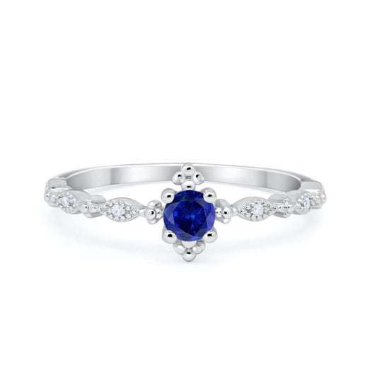 Petite Dainty Ring Round Simulated Blue Sapphire CZ