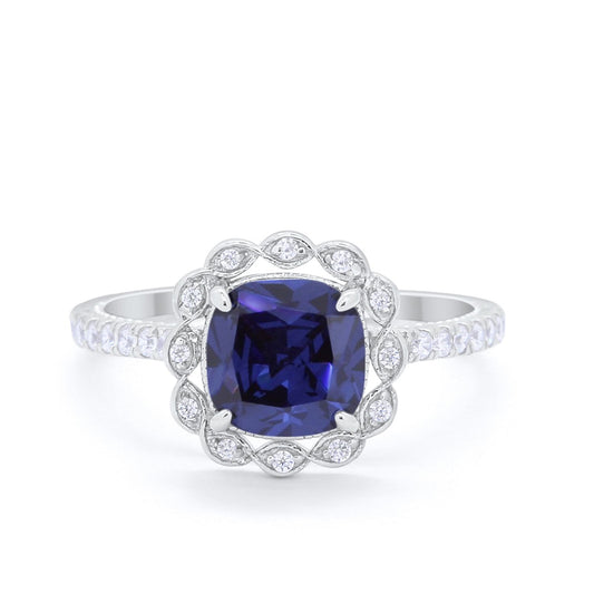 Halo Cushion Engagement Ring Simulated Blue Sapphire CZ