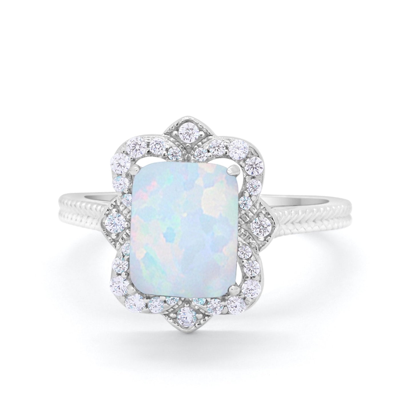 Halo Emerald Cut Engagement Ring Created White Opal