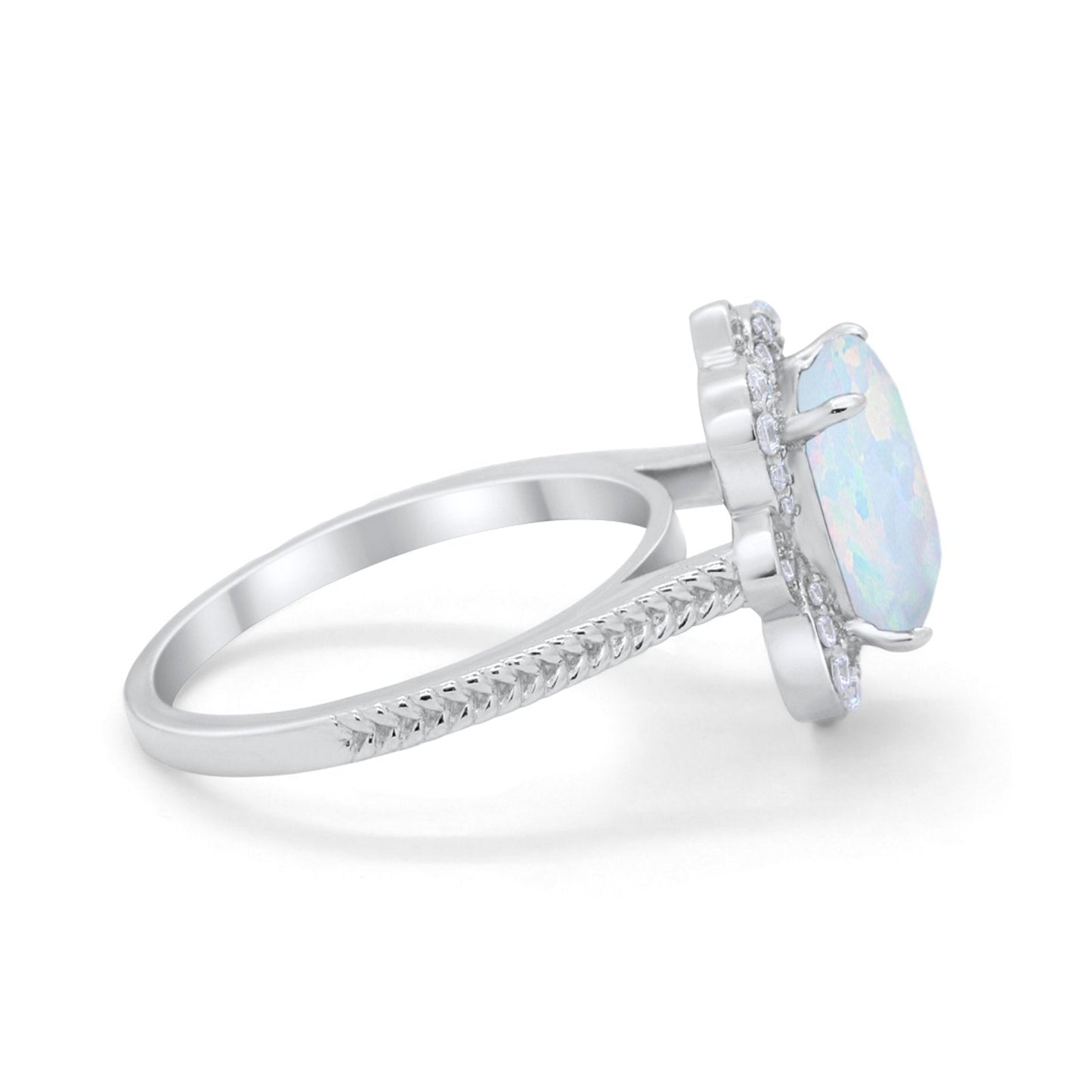 Halo Emerald Cut Engagement Ring Created White Opal