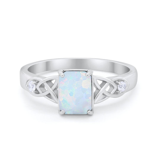 Wedding Ring Emerald Cut Round Lab Created White Opal