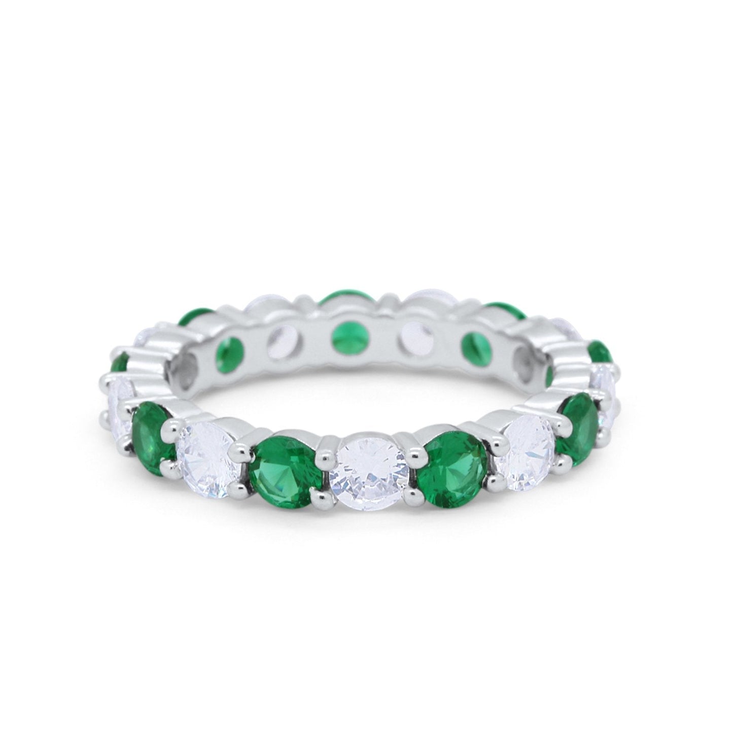 Alternating Wedding Band Ring Round Eternity Simulated Green Emerald CZ