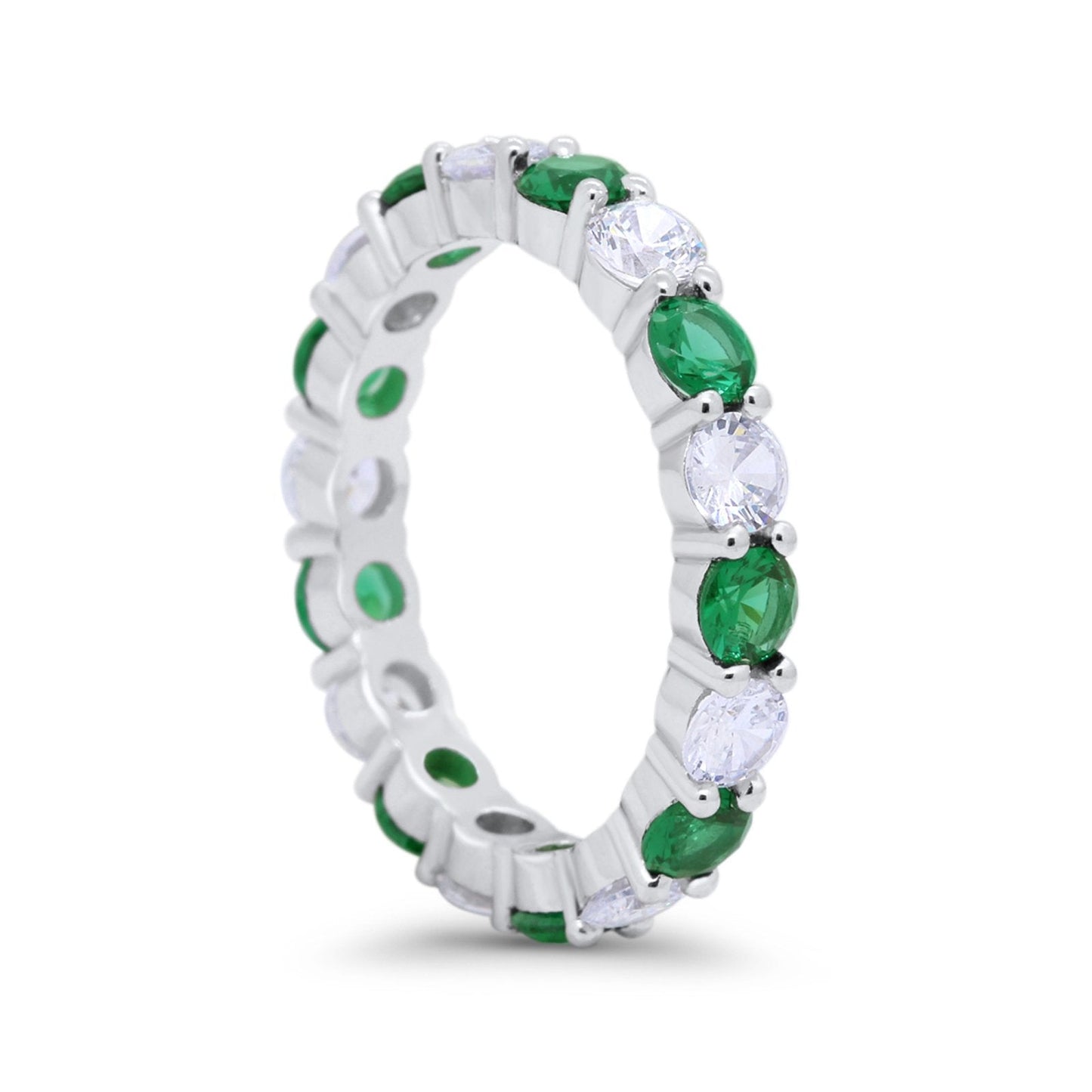 Alternating Wedding Band Ring Round Eternity Simulated Green Emerald CZ