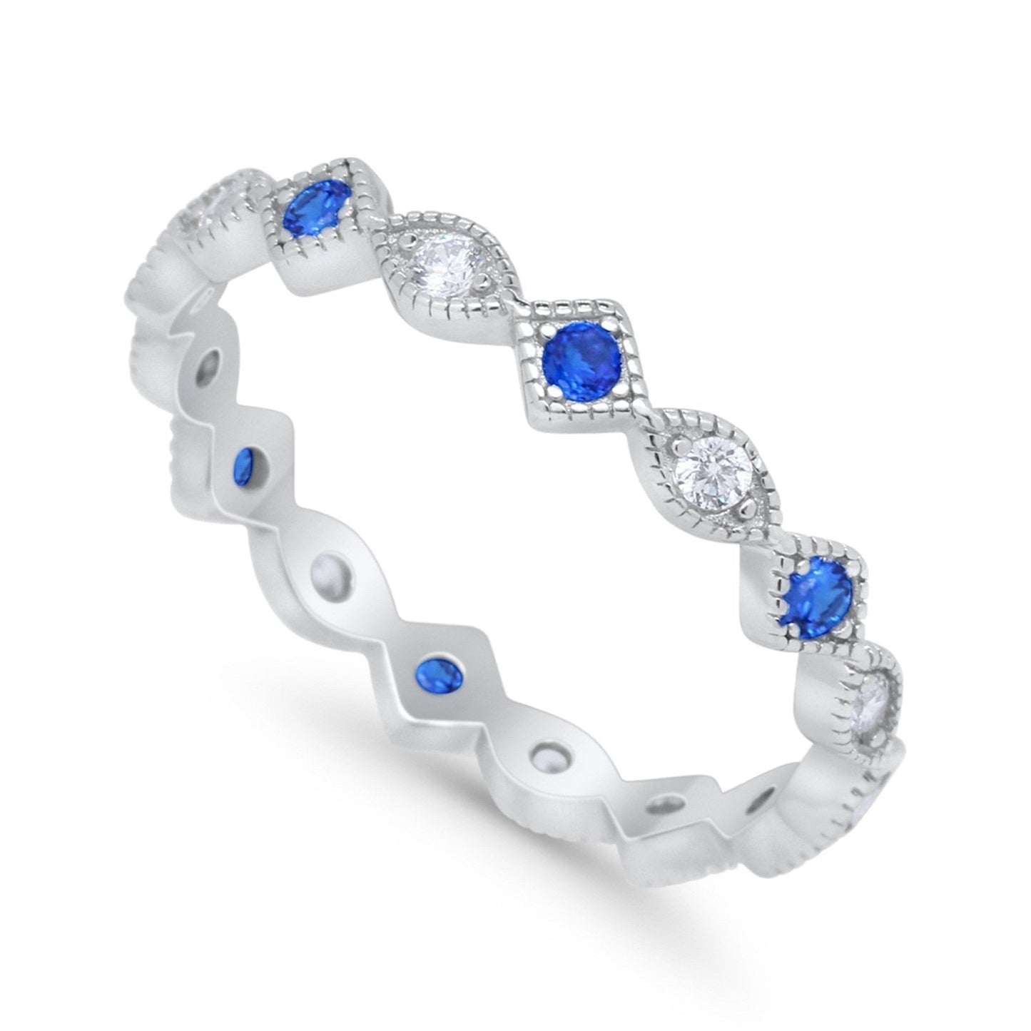 Full Eternity Wedding Band Ring Marquise Round  Simulated Blue Sapphire CZ